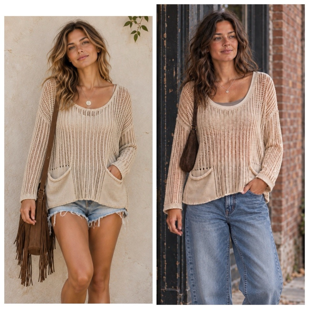 Tempo Paris Women Open‑Knit Cotton Sweater Beige OS Crochet Boho Oversized Layer